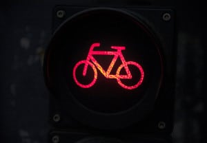 Traffic light with bike sign for bikers. Close up