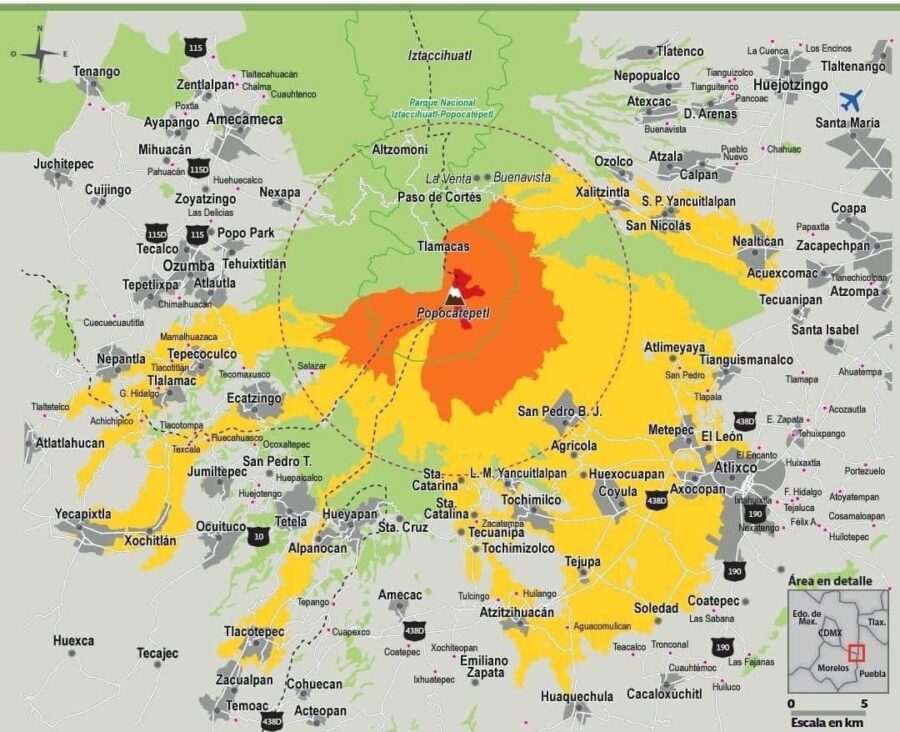 mapa de flujo de lava y ceniza popocatepetl